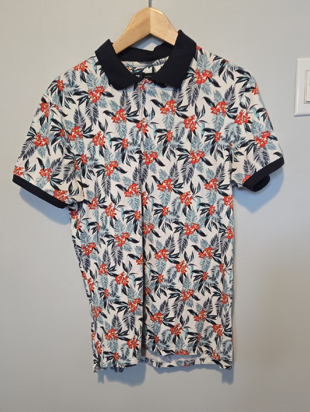 Simons White Polo with Red Floral and Dark Blue Trim